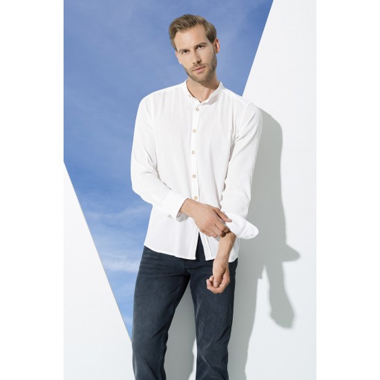 For You Man Organic Straight Collar Long Sleeve White Shirt