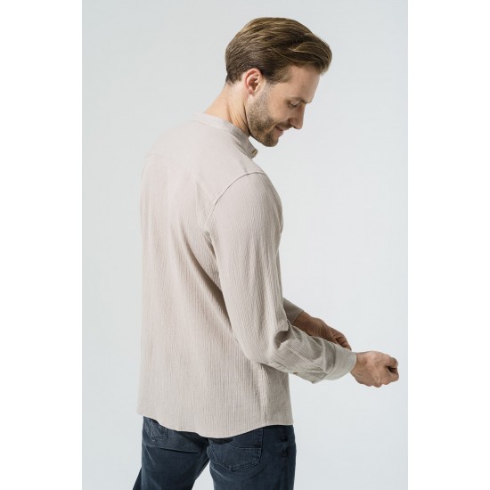 For You Man Organic Straight Collar Long Sleeve Stone Shirt