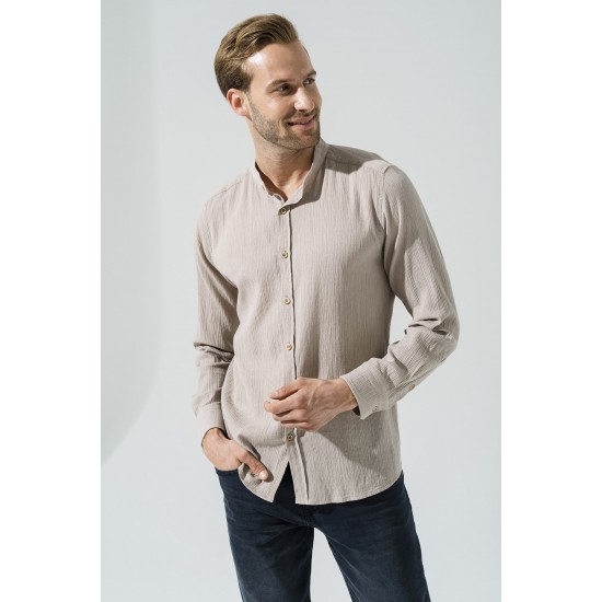 For You Man Organic Straight Collar Long Sleeve Stone Shirt
