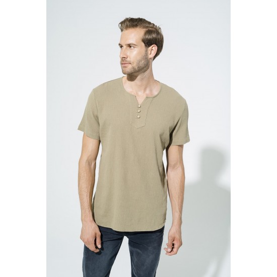 For You Man Organic 3 Button Short Sleeve Khaki Shirt