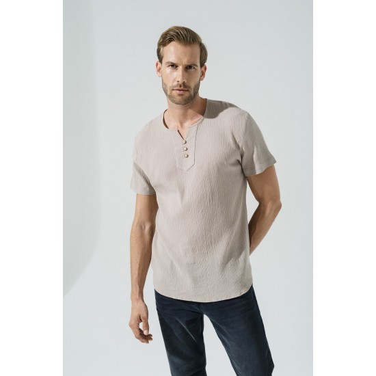 For You Man Organic 3 Button Short Sleeve Stone Shirt