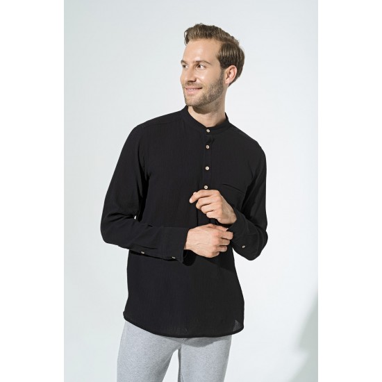 For You Man Organic Pocket Collar Long Sleeve Black Shirt