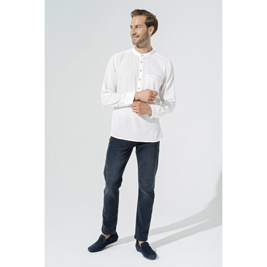 For You Man Organic Pocket Collar Long Sleeve White Shirt
