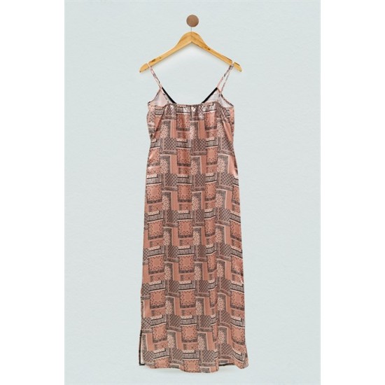 For You Sleepwear Satin Ethnic Pattern Black Long Strap Nightgown