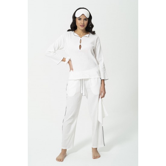 For You Moda Women's 7 Piece Organic Navy Blue Edge Embroidered Pajamas Set