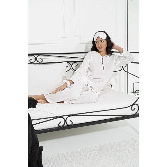 For You Moda Women's 7 Piece Organic Navy Blue Edge Embroidered Pajamas Set