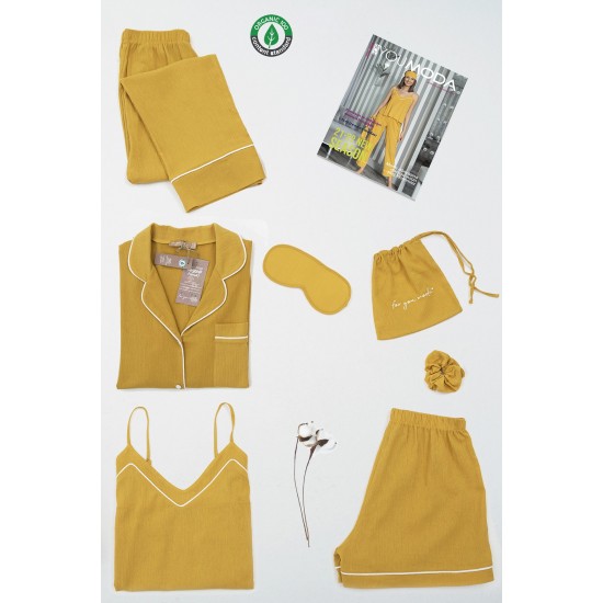 For You Moda Women's Organic 7 Piece White Pijama Set Mustard