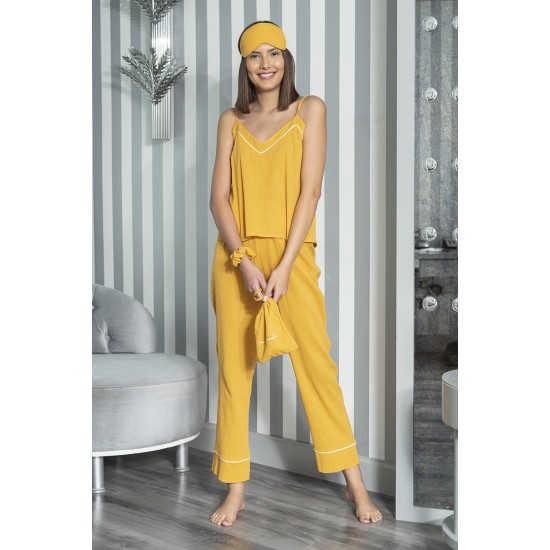 For You Moda Women's Organic 7 Piece White Pijama Set Mustard