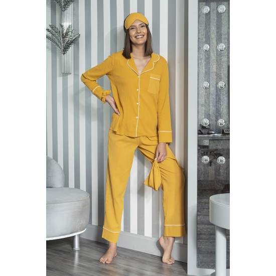 For You Moda Women's Organic 7 Piece White Pijama Set Mustard
