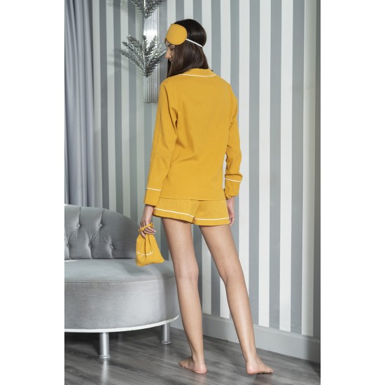 For You Moda Women's Organic 7 Piece White Pijama Set Mustard