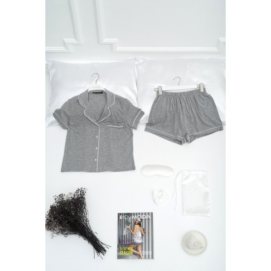 For You Moda Women's 5 Piece White Piping Gray Combed Cotton Pajamas Set