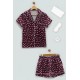 For you Sleepwear 5 Pcs Satin Star Printed Claret Red Pajama Shorts Set
