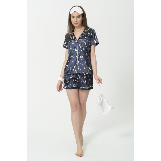 For You Sleepwear Satin 5 Pcs Star Leaf Dark Blue Pajama Shorts Set