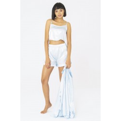 For You Sleepwear 3 Piece Satin Light Blue Shirt Shorts Pajamas Set