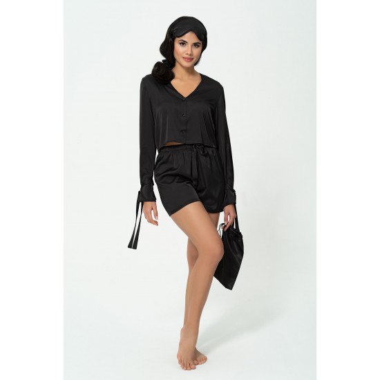 For you Sleepwear 5-Set Arm Tie Detail Black Pajama Shorts Set
