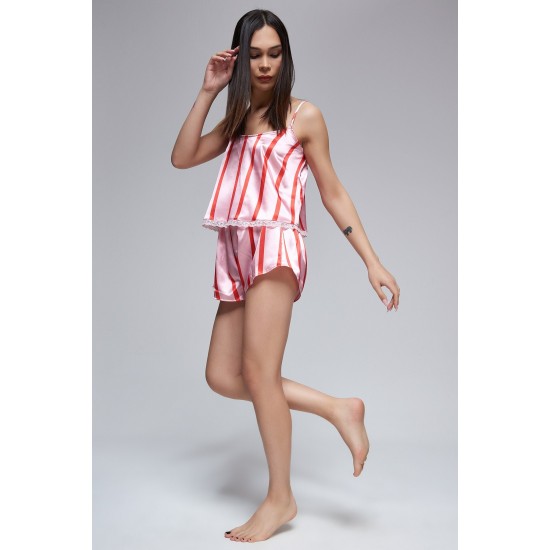 For You Moda Women's Red Pink Striped Satin Singlet Sort Pajamas Set