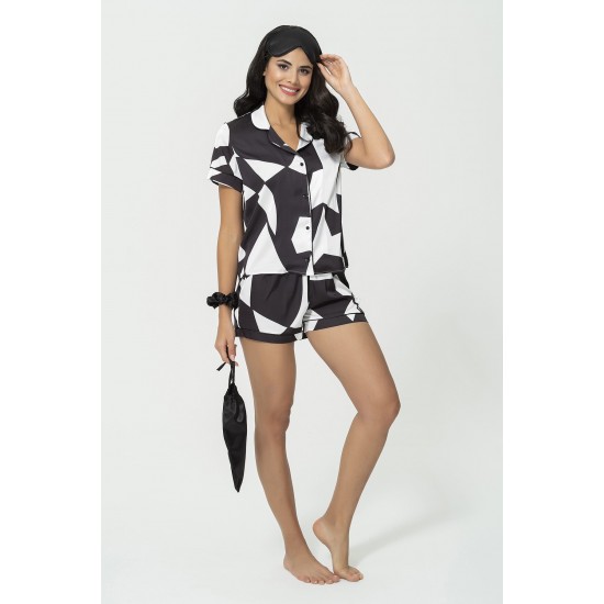 For You Sleepwear 6 Piece Patterned Black and White Satin Pajamas Shorts Set