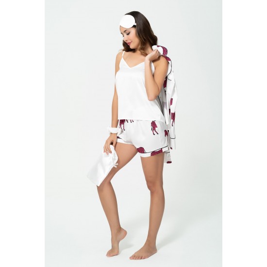 For You Sleepwear 6 Piece Zebra Patterned Ecru Satin Pajama Shorts Set