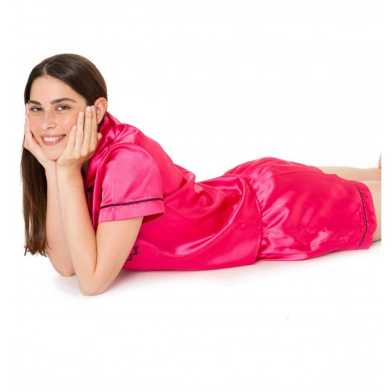 For You Moda Women's Satin Sleep Embroidered Fuchsia Pajama Shorts Set