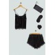 For You Sleepwear Satin 5 Piece Lace Black Athlete Shorts Set