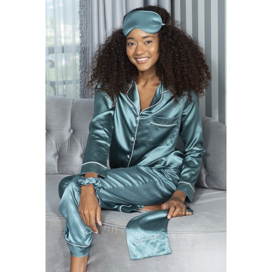 For You Moda Women's Satin 7 Piece Bustier Green Pajamas Set