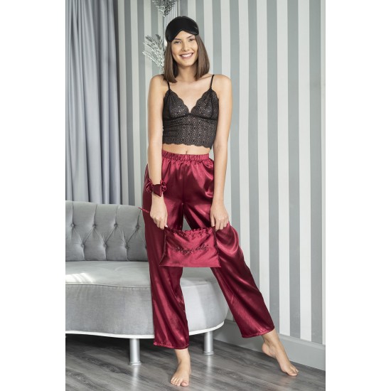 For You Moda Women's Satin 8 Pieces Lace Pajamas Set Claret Red