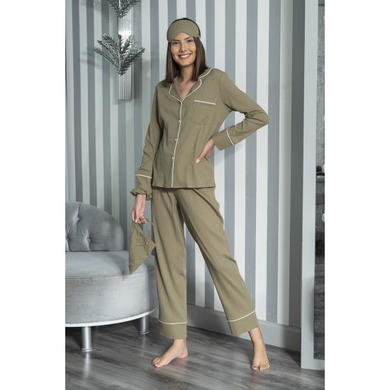 For You Moda Women's Organic 7 Pieces White Pijama Pajamas Set Khaki