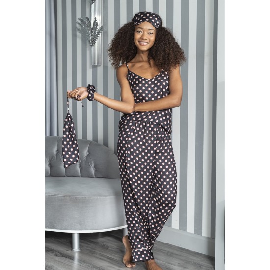 For You Fashion Women's Satin 7 Pieces Gold Pointed Black Pajama Set