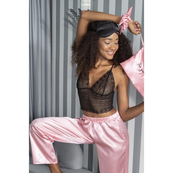 For You Moda Women's Satin 8 Pieces Dressing Gown and Lace Pajamas Set Pink