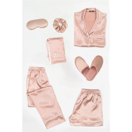 For You Moda Women's 7 Pieces White Piping Rose Gold Satin Pajamas Set