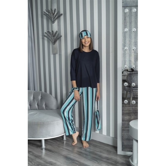 For You Sleepwear 5 Pcs Striped Viscose Navy Long Sleeve Pajamas Set
