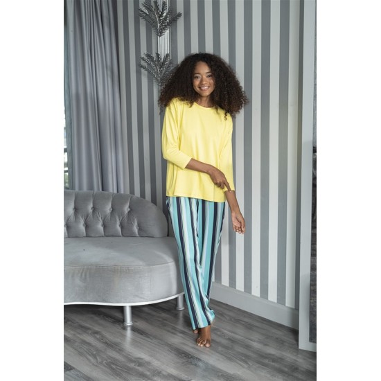 For You Sleepwear 2 Pcs Striped Viscose Yellow Long Sleeve Pajamas Set