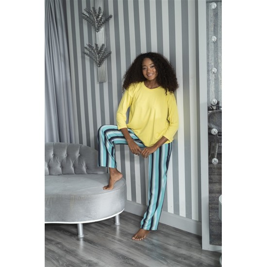 For You Sleepwear 2 Pcs Striped Viscose Yellow Long Sleeve Pajamas Set
