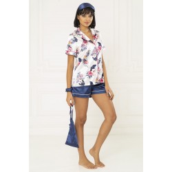 For You Moda Women's 7 Pcs Leaf Patterned Navy Blue Satin Pajamas Set