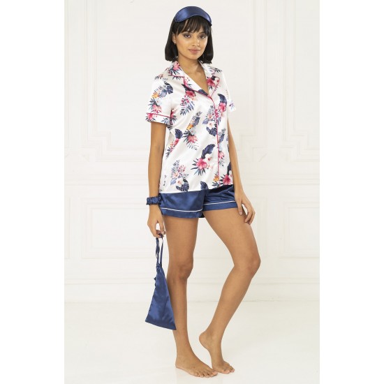 For You Moda Women's 7 Pcs Leaf Patterned Navy Blue Satin Pajamas Set