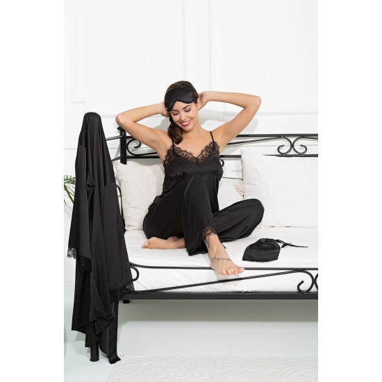 For You Sleepwear 6 Pieces Lacy Dressing Gown Athlete Pants Black Pajama Set