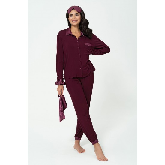 For You In&Out 7 Piece Satin Detailed Combed Cotton Purple Pajamas Set