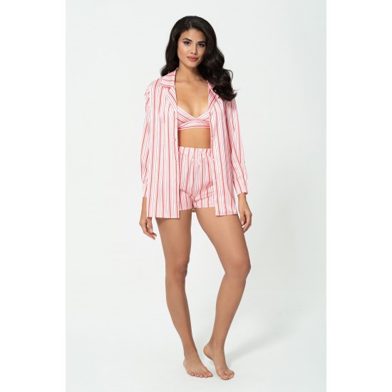 For You Sleepwear 3 Piece Striped Bustier Pink Satin Pajamas Set