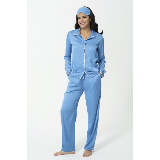 For You In&Out 7 Pieces Inside and Outside Satin Tie Blue Pajama Set