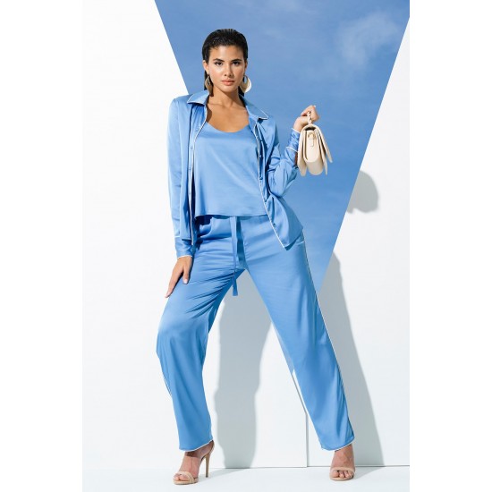 For You In&Out 7 Pieces Inside and Outside Satin Tie Blue Pajama Set