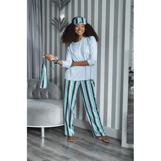 For You Sleepwear 5 Pcs Striped Viscose Blue Long Sleeve Pajamas Set