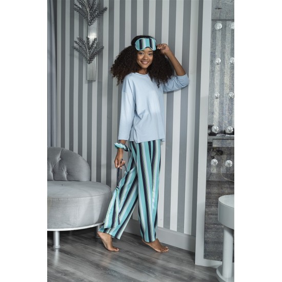 For You Sleepwear 5 Pcs Striped Viscose Blue Long Sleeve Pajamas Set