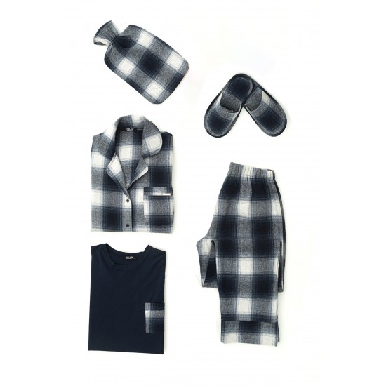 For You Moda Women 5 Pieces Slippers Navy Blue Plaid Black Pajamas Set
