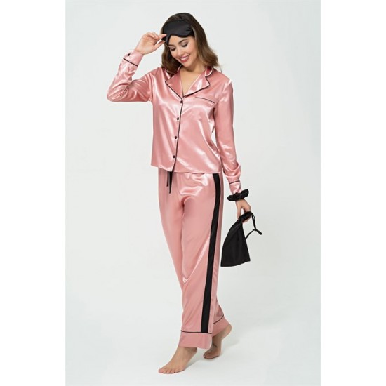 For You Sleepwear 5-Piece Satin Black Striped Pink Pajamas Set