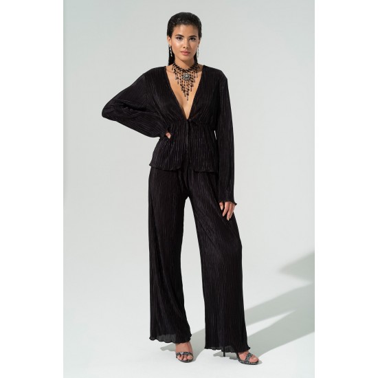 For You In&Out 2-Piece Pleated Black Blouse and Pants Set