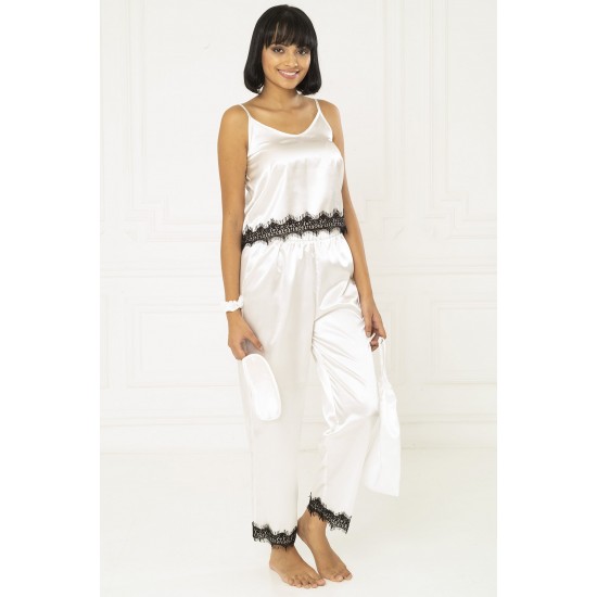 For You Moda Women's 6 Piece Lace White Satin Pajamas Set