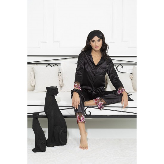 For You In&Out Indoor and Outdoor 6 Piece Satin Brode Black Pajama Set