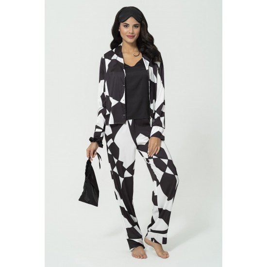 For You Sleepwear 6 Piece Asymmetrical Black and White Satin Pajamas Set