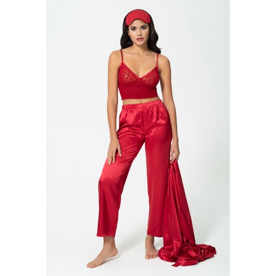 For You Sleepwear 4 Piece Dressing Gown and Bustier Pants Red Set