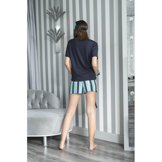 For You Sleepwear 5 Pcs Striped Viscose Navy Blue Short Sleeve Pajamas Set
